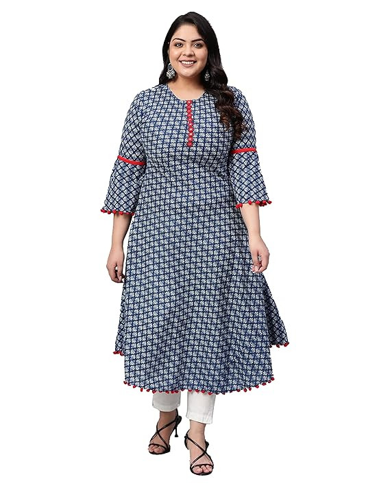 Women's Cambric Cotton Printed Kurta Mirror Work A-Line, Perfect Ethnic Wear