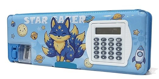 Multipurpose Magnetic Pencil Box with Calculator & Dual Sharpener for Girls & Boys for School | Big Size Cartoon Printed Pencil Case for Kids Plastic, Pack of 1 (Cartoon - D)