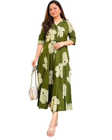 Woman's Rayon Floral Printed A-Line Flared Kurti, Collor Nack, 3/4 Sleeves