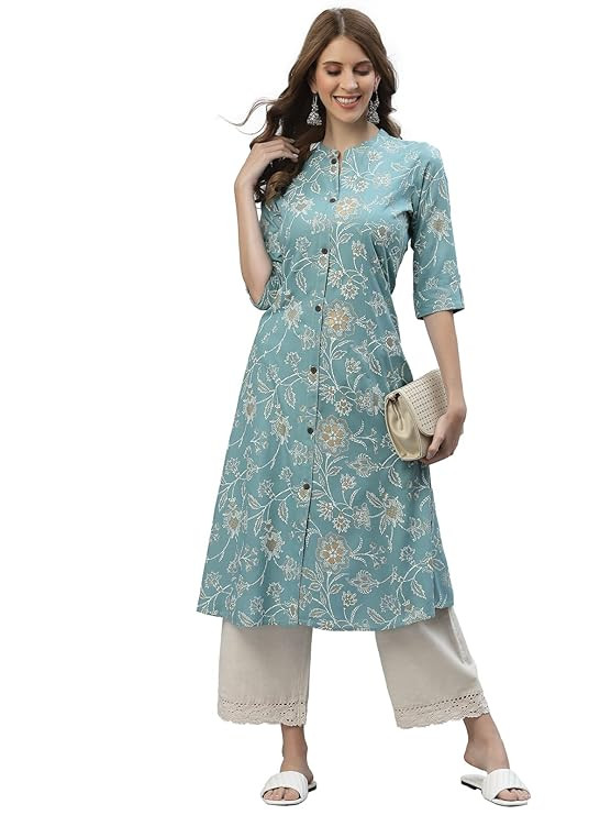 Women's Aqua Floral Printed Rayon A-Line Kurta | Comfortable Daily Office & Casual Wear (Available in Plus Sizes)