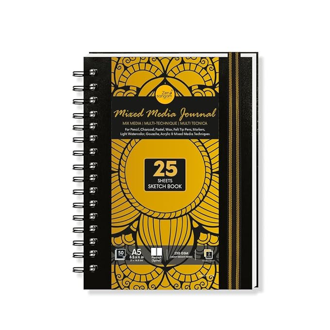 A5 Portrait Artists’- 230 GSM (50 Pages), Spiral Mixed Media Art Journal - Ultra Smooth Surface - Acid Free Cartridge Paper-Size(20.8X 15.5cm)-for Pencils,Chalk,Oil Pastels,Crayons-Black