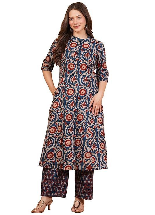Women Woman Pure Cotton Printed A-Line Kurta Sets with Palazzos|Kurti Set for Woman|Cord Set for Women Cotton