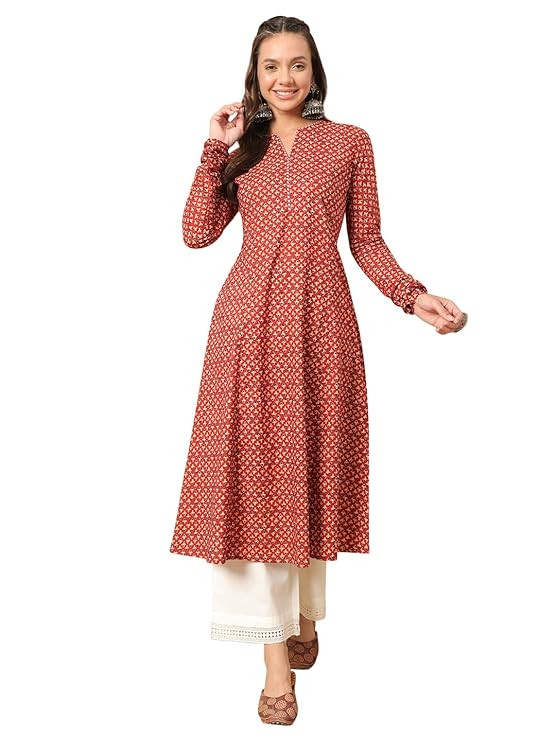 Womens Cotton Regular Fit Floral Printed A-Line Kurta