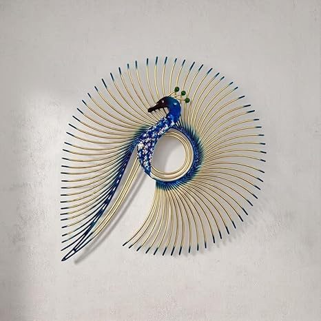 Peacock Metal Wall Art, Blue and Gold, 14x17 Inch, Home Decor Sculpture