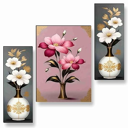 SAF Paintings flower pot for Wall Decoration - Set Of 3, 3d modern art Painting for Living Room Large Size with Frames for Home Decoration, Hotel, Office painting 50.8 cm x 30.48 cm SANFJM36055