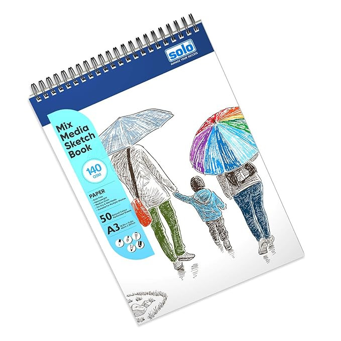 SOLO Mixed Media Sketchbook A3 Natural Shade Spiral-Bound 140 GSM Acid Free 50 Sheets Professional-Grade Drawing Book for Wet & Dry Media Like Art Marker, Watercolor, Acrylic, Charcoal (Portrait 2)