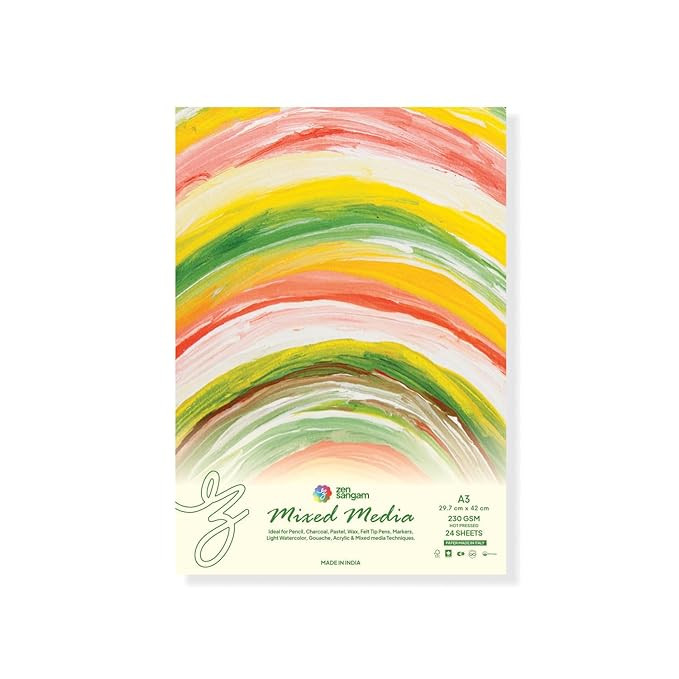 A3 Mixed Media Papers | 230GSM 100% Cellulose Hot Pressed | 24 Sheets Size(29.7x42cm) | Medium Grain | for Pencil, Charcoal, Pastel, Markers, Wax, Ink, Acrylic, Gouache, Light Watercolor