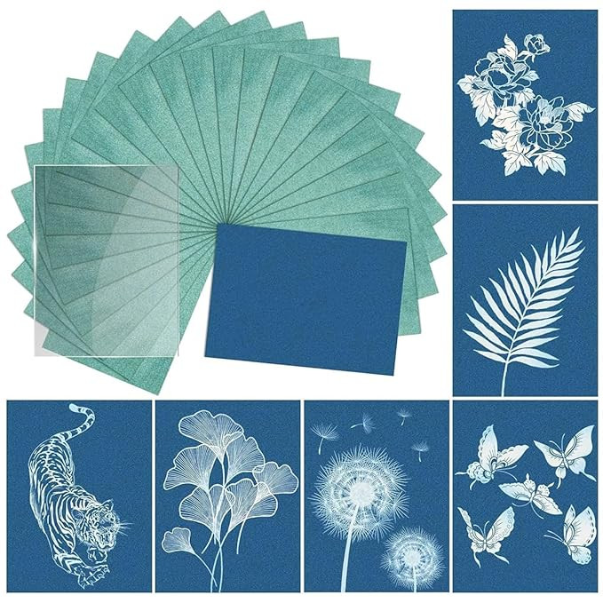 24 Sheets Sun Sensitive Watercolor Paper A5 Cyanotype Papers with Acrylic Panel, High Sensitive Sun Paper White Solar Activated Nature Sun Printing Paper for Kids Adults Crafts DIY Project