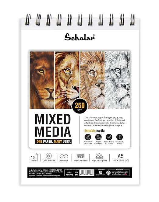 Scholar Mixed Media Paper - 250 GSM Cold Pressed Medium Grain | 15 Sheets | Premium Artist Paper for Watercolour, Acrylic, Ink, Pencil & Mixed Media Art Practice (Wiro) (A5) (MMW2)