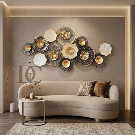Large 3D Metal Wall Art for Living Room, Luxury Floral Wall Decor for Sofa Back Wall, Modern Abstract Metal Wall Hanging in Gold Black and White, Contemporary Wall Showpiece for Bedroom, Dining Room, Hall