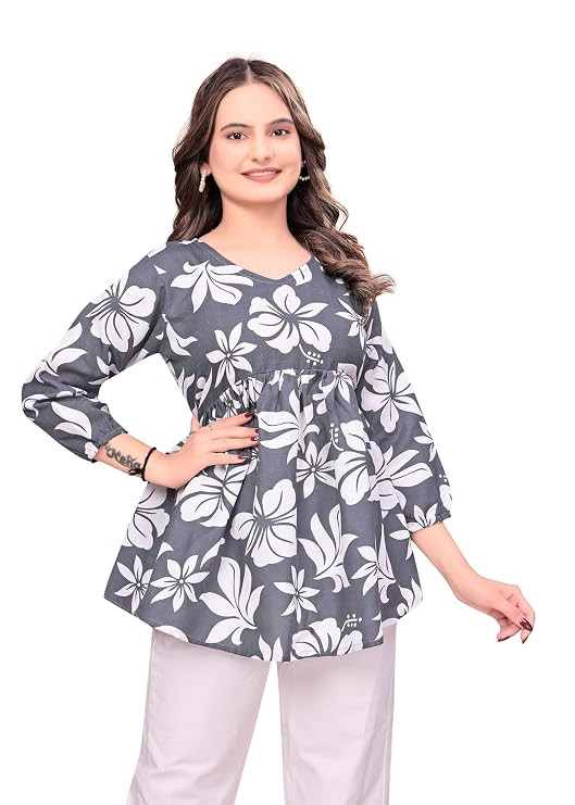 Women's Cotton Floral Print Peplum Tunic Top | V-Neck 3/4 Sleeve Casual Summer Wear Stylish Western Kurti for Ladies & Girls