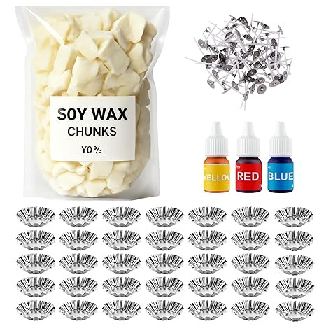 Candle Making Kit – Complete Set with 500g Soy Wax, 50 Wicks, 3 Pigment Colors, and Flower-Shaped Small T-Light Metal Container 50
