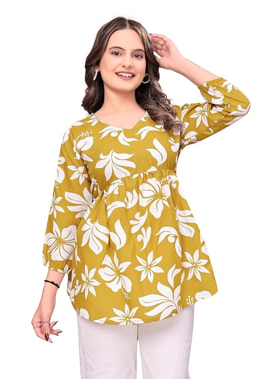 Women's Cotton Floral Print Peplum Tunic Top | V-Neck 3/4 Sleeve Casual Summer Wear Stylish Western Kurti for Ladies & Girls