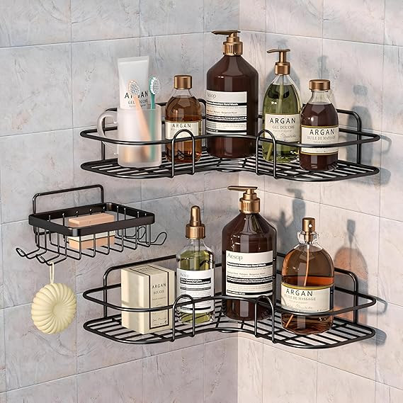 3 in 1 Rustproof Stainless Steel Corner Bathroom Shelf for Wall, Soap Dish, Racks & Shelves for Wall, Bathroom Organizer Without Drill, Adhesive Shower Caddy with Soap Holder, Black