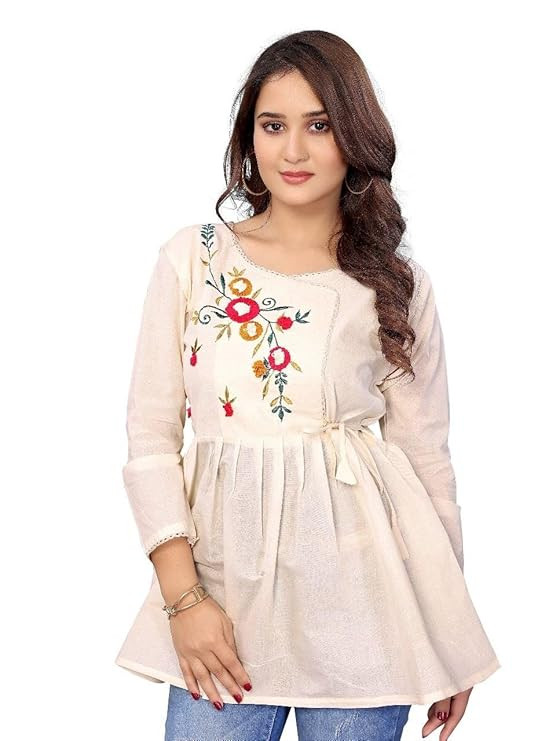 Women's Khadi Cotton Embroidered Peplum Top | Floral Handwork Kurti Style Top | Casual Wear