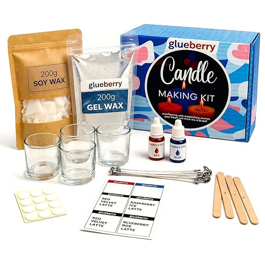 Glueberry Candle Making Kit | 200g Soy Wax, 200g Gel Wax | 4 Glass Jars, 10 Wicks, 2 Dyes