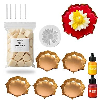 DIY Daisy Candle Making kit for Adults with 5 Urli (3.5 Inch) | 250g Soy Wax | 2 Candle Colors (10ml Each) | Silicone Daisy Mould | 5 Wicks | Handmade Candle Kit for Beginners, Diwali Décor & Gifting