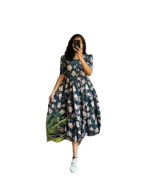 Women's Round Neck Puffed Sleeves Layered Hem Floral Kurti Gown