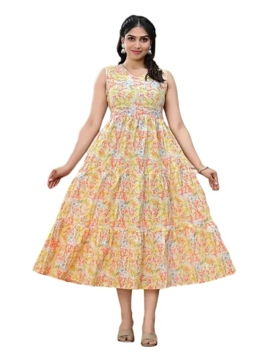 Multicolured Patchwork Printed Sleeveless Maxi Length Tiered Kurti for Women's