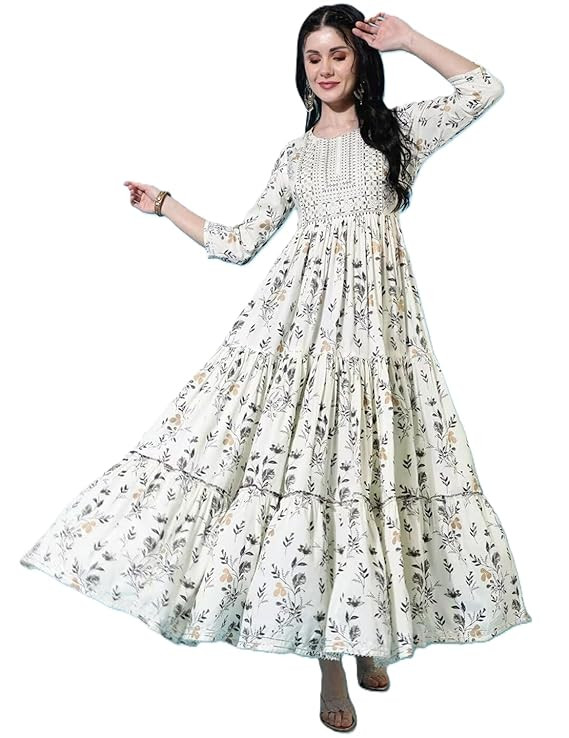 Floral Printed Mirror Work Tiered Anarkali Kurta (in, Alpha, 4XL, Regular, Off White)