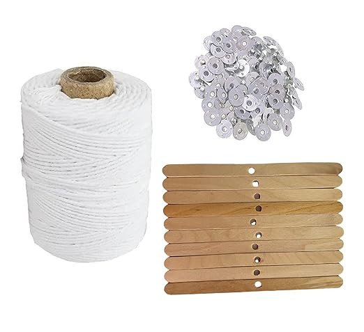 Candle Making Wicks Cotton Roll with 150 Wick Sustainers & 10 Wooden Wick Holders | DIY Candle Making Supplies for Home Candle Craft & Wax Candles