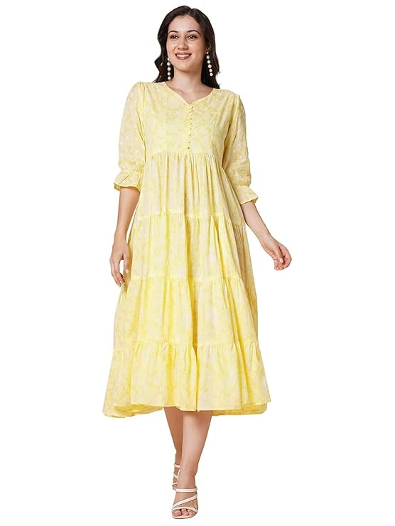 Women's Pure Cotton Tiered Printed Flared Kurti Gown Maxi Dress