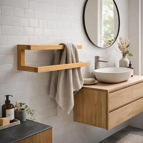 Wooden Wall Shelves with Towel Holder, Wall-Mounted Bathroom Storage Rack, Wooden Shelves and Wooden Towel Stand Shelves for Bathroom Towel Stand Bathroom Shelves (Only Towel Holder)