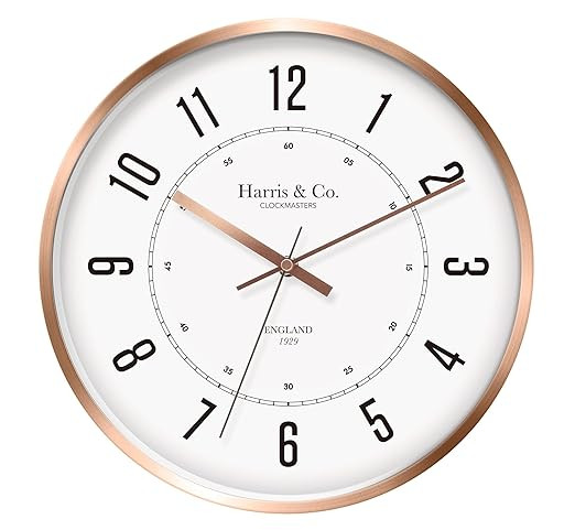 HARRIS & CO. CLOCKMASTERS 12 Inch Silent Sweep Noiseless Technology Wall Clock with Rose Gold Metal Frame, White Dial, HD Clear Glass (Model - Oxford Street in Rose)