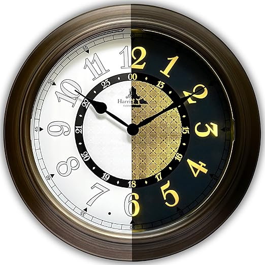 HARRIS & CO. CLOCKMASTERS Battery Operated Wall Clock with Thick Metal Frame & Automatic Light Glow Function with Smart Sensor (Size-15 Inch) Silent Sweep, Model-Covent,Bronze,Analog