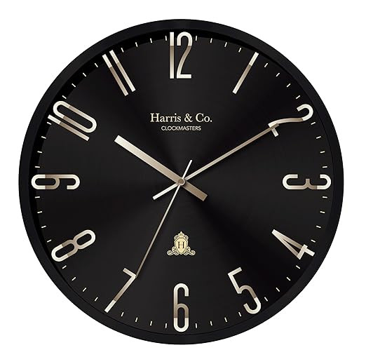 HARRIS & CO. CLOCKMASTERS Silent Sweep Noiseless Technology Analog Wall Clock With Metal Golden 3D Numbers (14 Inch, Black Metal Frame & Dial, Model - Jermyn Street)
