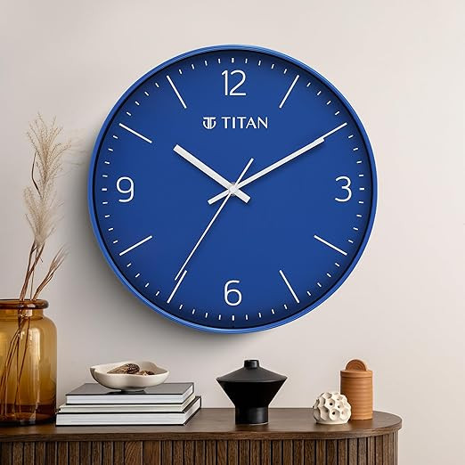 Titan Essence Classic Wall Clock with Blue Dial & Case, Silent Sweep, Model W0094PA03 | 30 cm x 30 cm