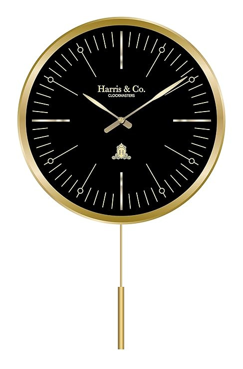 HARRIS & CO. CLOCKMASTERS Metal Luxury Pendulum Analog Wall Clock,Silent Sweep Noiseless Technology 13 Inch Gold, Model-Knightsbridge