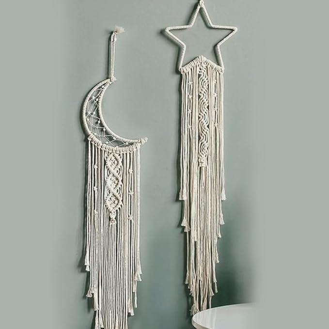 Cotton|Handmade Macrame Star Moon Dream Catcher| 11|Boho Wall Hanging Decor,Best Gift for Girls,Friends,Marriege Party,Home,Bedroom,Living Room Decoration 30" Lx10" W,Off-White