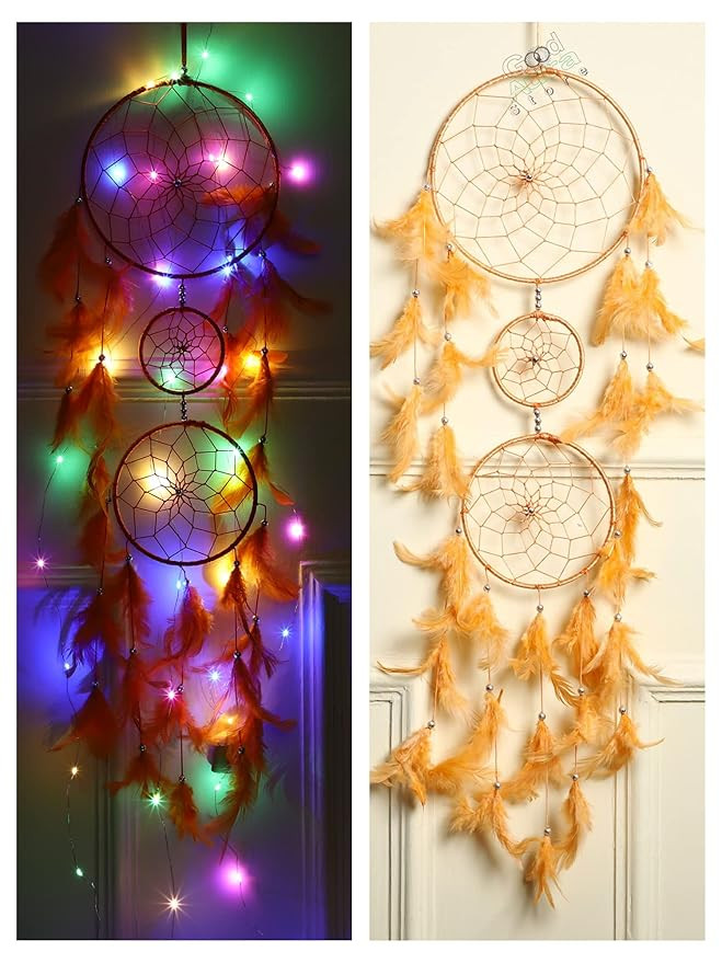 Dream Catcher with LED Lights for Home Decor, Handmade Feather Wall Hanging for Kids Room, Bedroom, Living Room, Balcony & Cafe Decoration, Boho Gift Item, Light Orange, 18 x 85 cm, Set Of 1