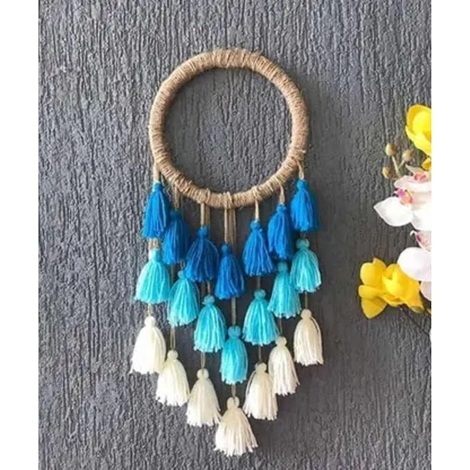 Handmade Boho Tassel Wall Hanging for Home & Bedroom | Blue & White Cotton Thread Wall Decor | Decorative Dream Catcher Style Wall Art for Living Room, Hall & Office