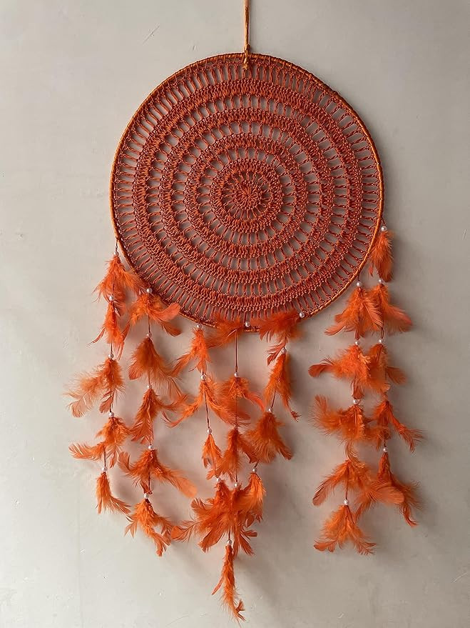 Dream Catcher with Lights, Wall Hangings, Crafts, Home Décor, Handmade for Bedroom, Balcony, Garden, Party, Café, Decoration, Wedding, Decorative, Feathers (Orange)