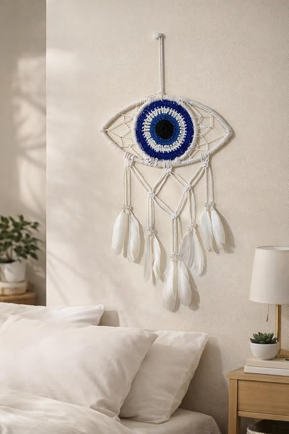 Handmade Evil Eye Dream Catcher Wall Hanging – Macrame Boho Home Decor with Feathers | Protection & Positive Energy Wall Art for Bedroom, Living Room, Office | (Small Blue & White)