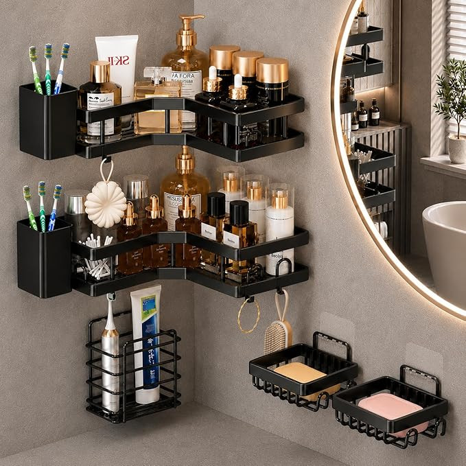 7Pcs Self Adhesive Bathroom Accessories Set, Bathroom Shelf Organizer Corner Shelf Toothbrush Holder Soap Holder & Storage Rack, No Drill Installation, Rustproof Bathroom Stand without drill