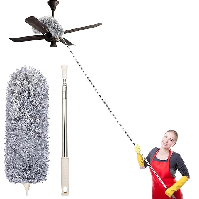 Microfiber Long Feather Duster- Bendable & Detachable Fan Cleaning Duster with 100 inches Expandable Pole Handle, Washable, Stainless Steel Handle for Ceiling, Wall, Window Blinds, Furniture