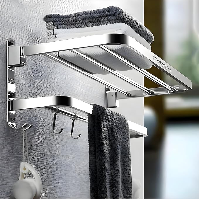Towel Holder in Bathroom - Towel Hanger for Wall,TwinFlex 304 Stainless Steel Foldable Towel Rack, Rustproof Wall Mounted Bathroom Shelf with Hooks, Heavy Duty Bathroom Accessories,24 Inch, Silver