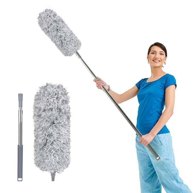 Extendable Feather Duster, Bendable Microfiber Duster with Extra Long Telescopic Extension Pole and Soft Silicone Cap, Washable Duster for Cleaning Roof, High Ceiling Fan, Blinds