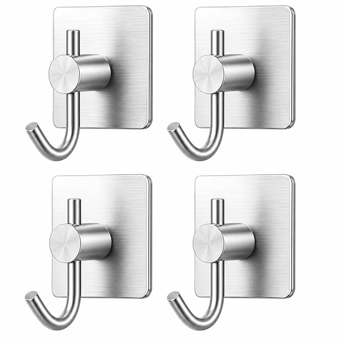 4 pcs Self-Adhesive Stainless Steel Hooks: Heavy-Duty Wall Hanging Solution for Bathroom & Kitchen - Waterproof, Drill-Free, Strong Coat/Towel Wall Hooks (Big Square Silver Hook)