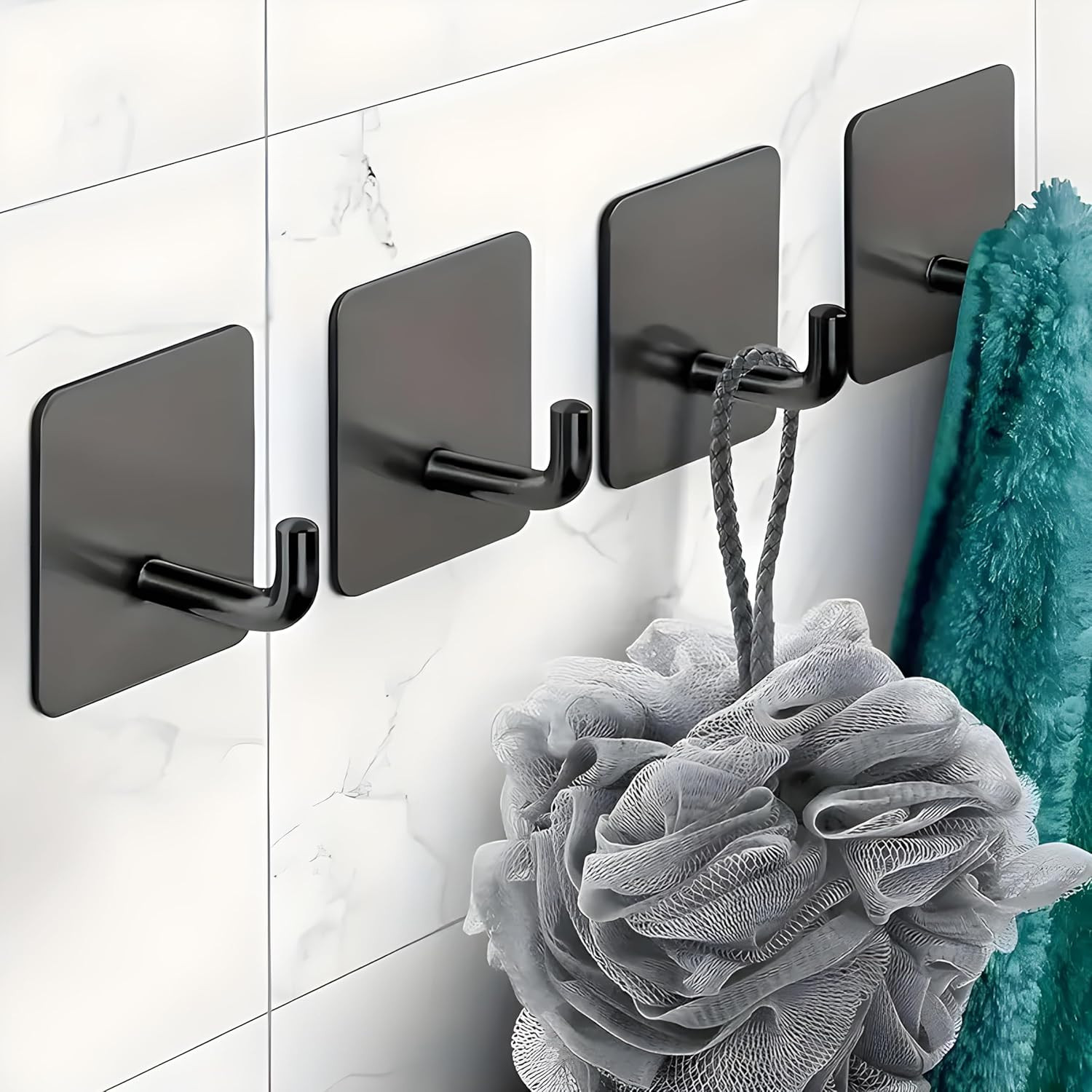 4 PCS Self Adhesive Stainless Steel Wall Hooks – Heavy Duty Waterproof No Drill Wall Hanger for Bathroom, Kitchen & Towel – Strong Coat Hook, J Hook Black (Holds Up to 5 KG)