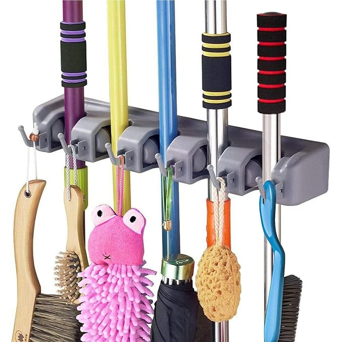 Broom Holder Wall Mounted, Mop Holder for Wall, Broom Stick Holder Mounted Stand, Storage Broomstick Brush Mount Organizer with Hanger Hooks (5 Slot 6 Hooks)- Grey, Polypropylene