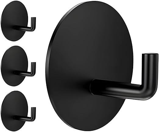 JIALTO 4 pcs Self-Adhesive Stainless Steel Hooks: Heavy-Duty Wall Hangings, Waterproof & Drill-Free - Strong Towel, Coat, and Kitchen Hooks for Bathroom and Kitchen (J Round Black)
