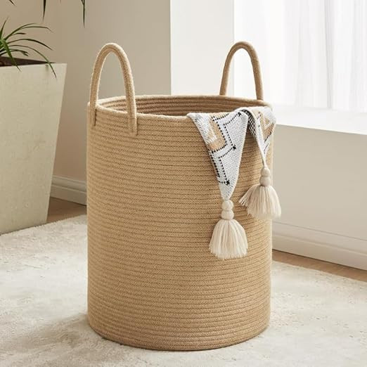Laundry Basket Cotton Rope Hamper for Blankets, Clothes, Towels and Laundry Basket for Storage in Living Room and Bedroom (Size - 15" x 15" x 18") (Beige)