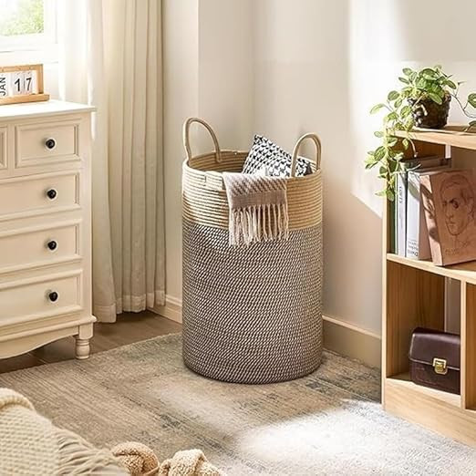 Laundry Basket Cotton Rope Hamper for Blankets, Clothes, Towels and Laundry Basket for Storage in Living Room and Bedroom (Size - 15" x 15" x 18") (Beige & Mix)