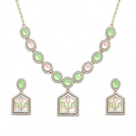 Latest Elegant Mint Green Pink Stone Designer Jewellery Set for Girls & Women. Wedding, Festive & Traditional Fashion Jewellery.