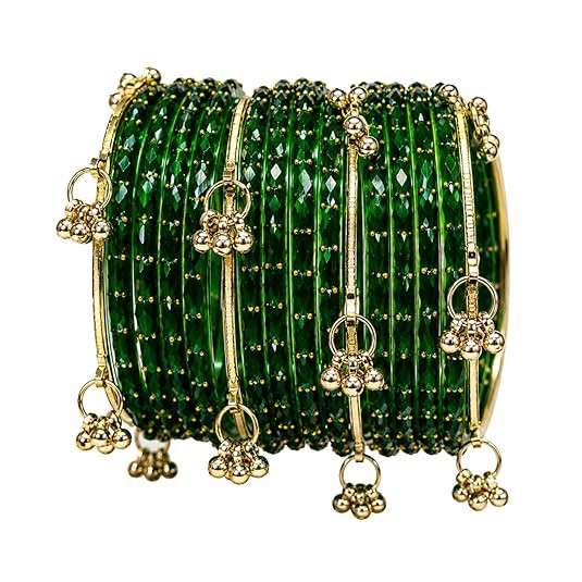 Kashmiri Glass Bangle with gunghro Set for Women| Traditional, Fancy Glass Chudi Set for Festival, Wedding, and Party (Set Of 16)
