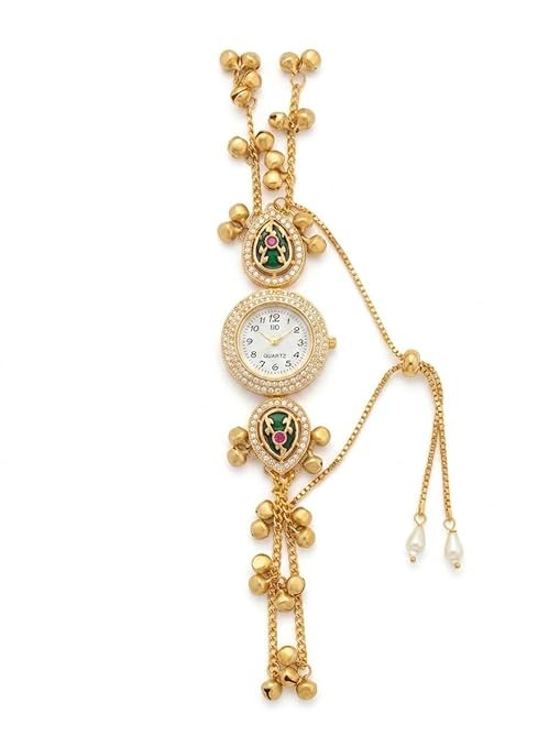 Gold-Plated Kashmiri Bracelet Watch with Kundan Embellishments, Ghungroo Charms and Pearl Accents